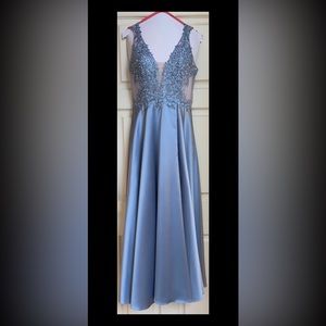 Petite Satin Blue Prom Dress